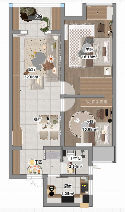 魏明花|紫杨佳园16-1102-85㎡-现代风格|2室1厅1卫|二手房装修|定制家|全包10万|00_03平面彩图
