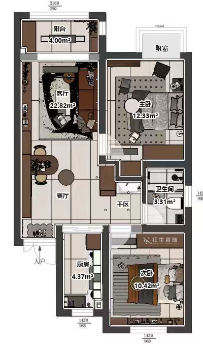吴波|紫境东苑15-1206-72㎡-中古风格|2室2厅1卫1厨1阳台|新房装修|定制家|全包9