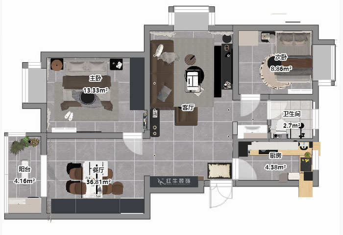 仇美蓉|新建雅苑9-4-208-80㎡-简约风格|3室2厅1卫|老房装修|定制家|全包10万|00_03平面彩图
